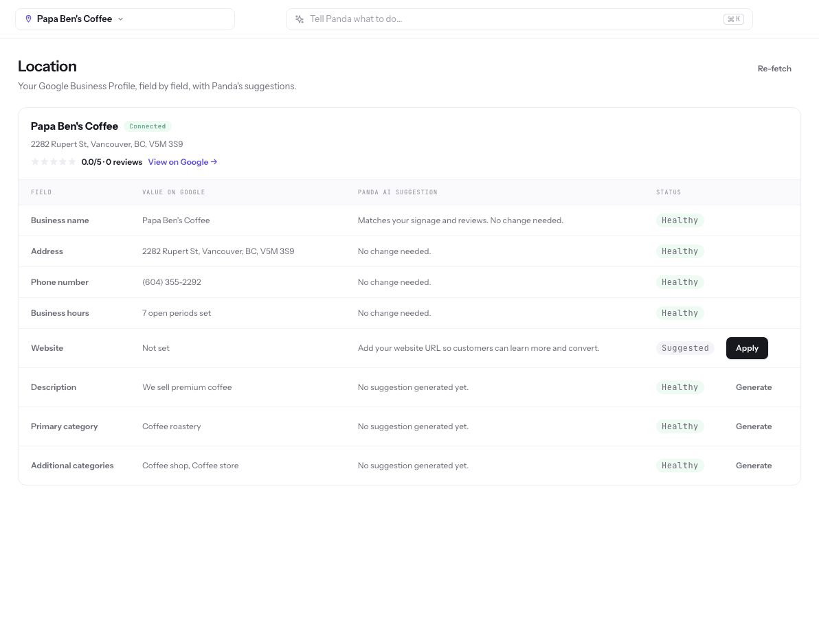 LocalPanda Google Business Profile management product screen
