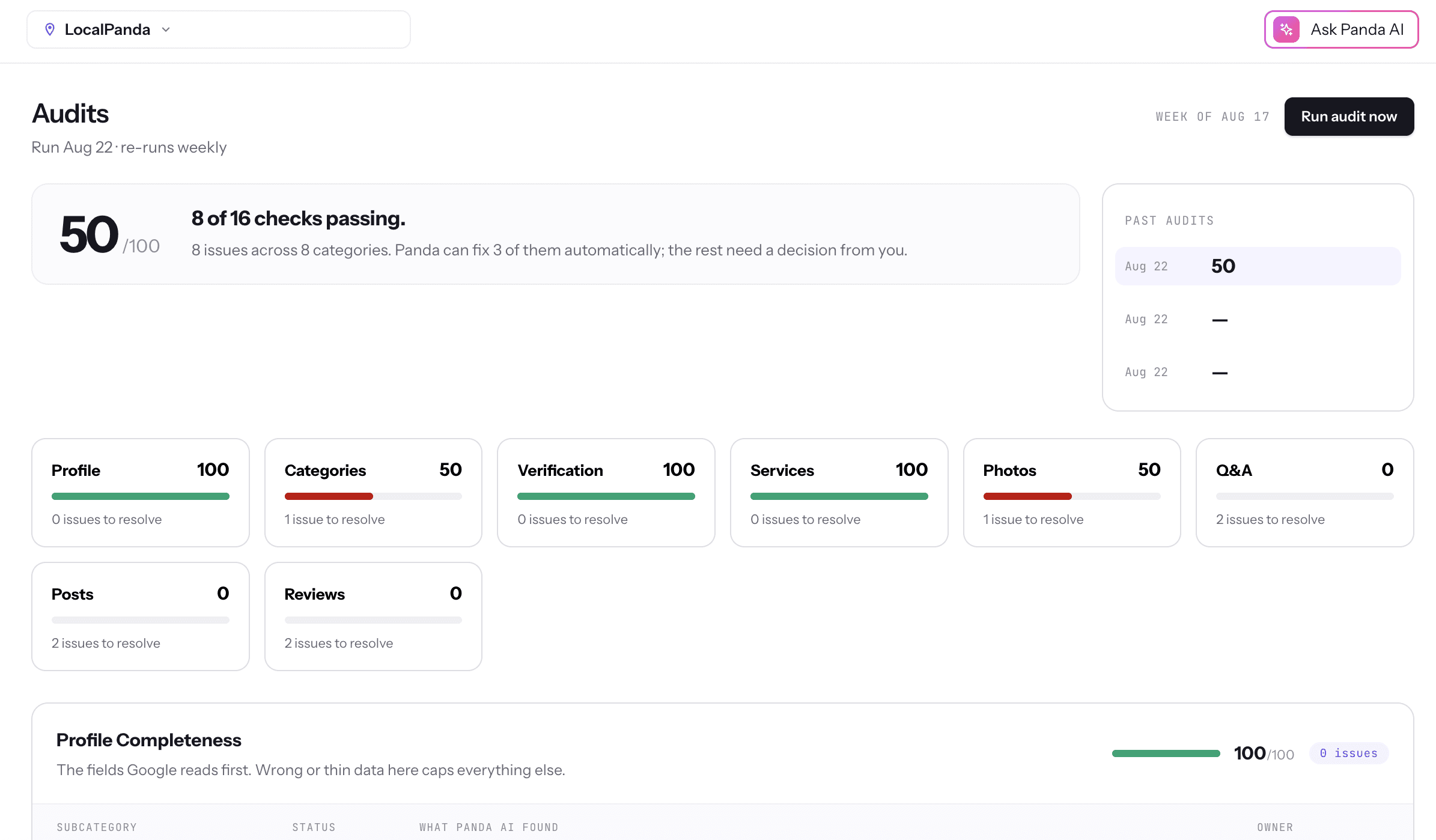 LocalPanda Google Business Profile audit showing profile findings for a local business
