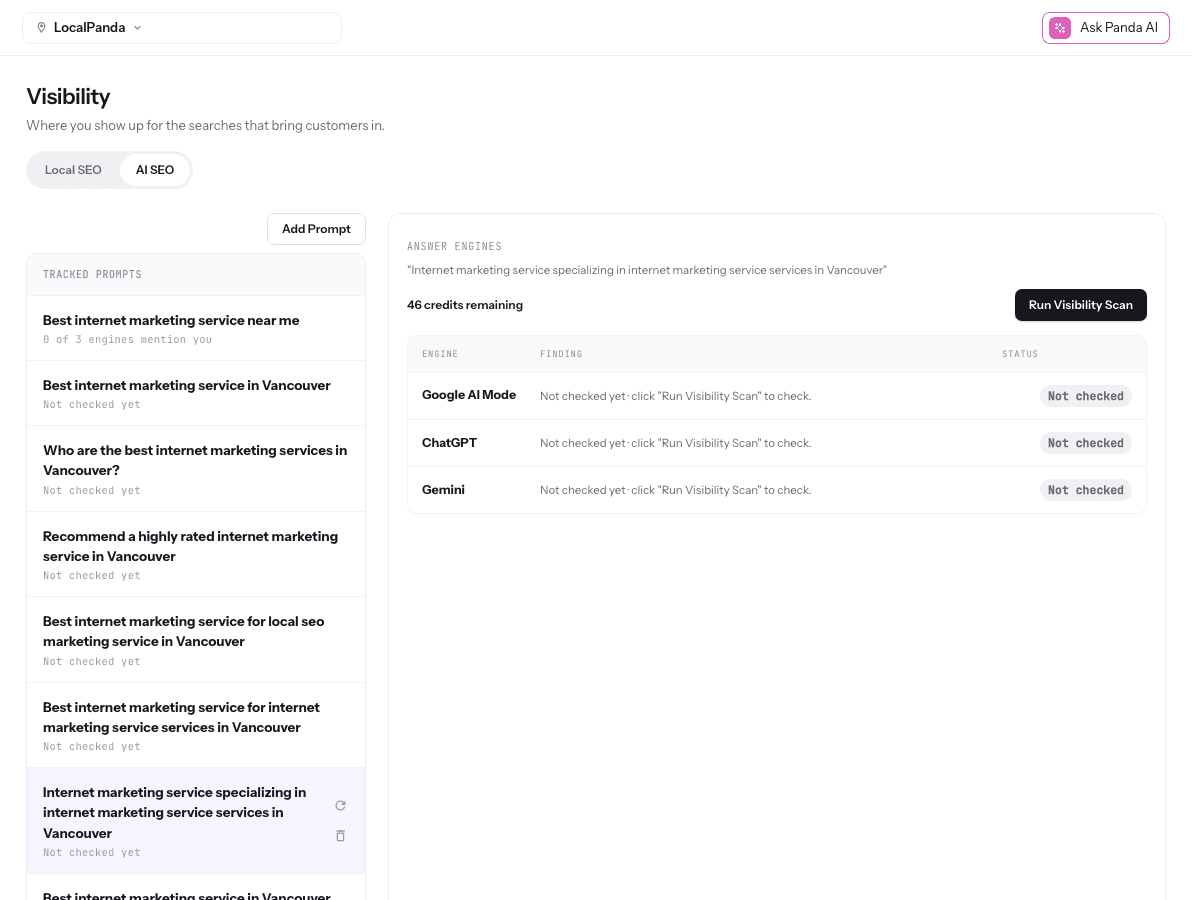 LocalPanda AI Search visibility interface for reviewing business mentions across supported answer engines